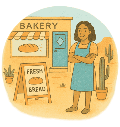 Small business owner standing in front of her bakery in Phoenix, Arizona.