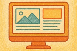Colored-pencil style drawing of a desktop computer displaying a professional, custom website design.