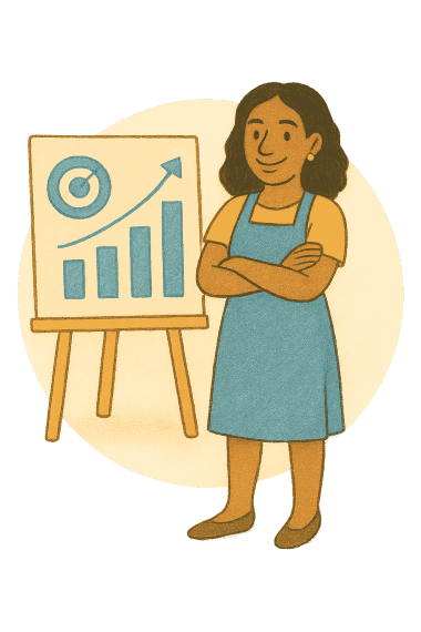 Woman standing next to a poster presentation with an upward trending chart.